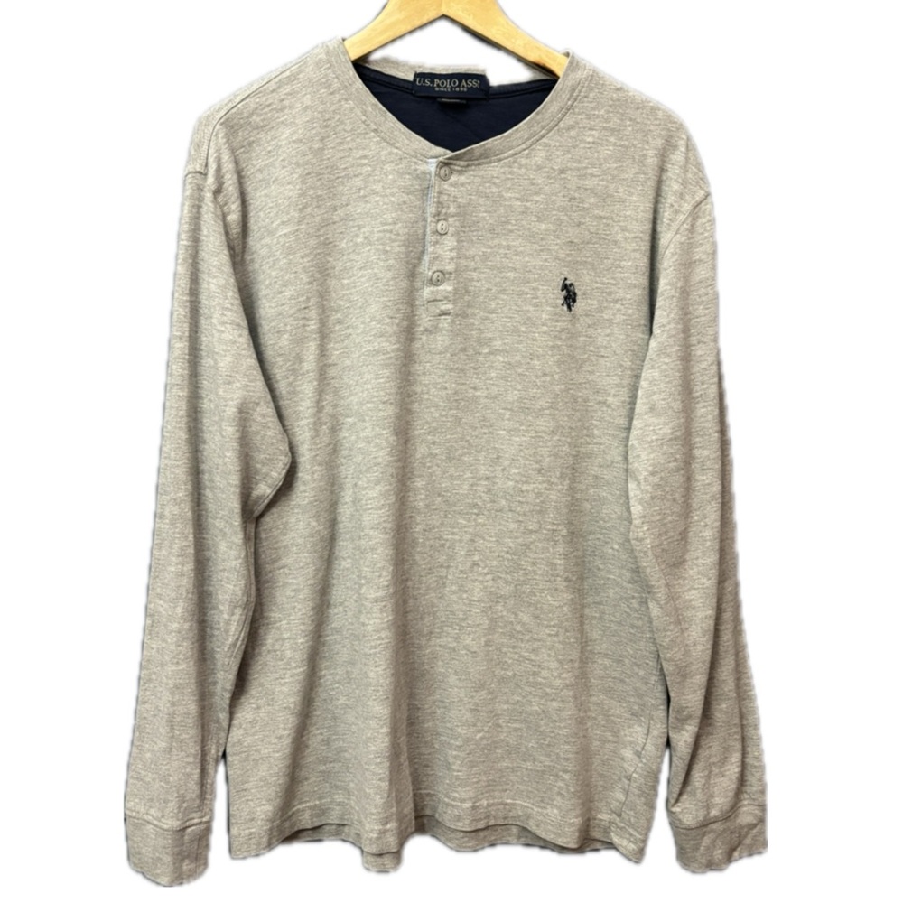 Polo Ralph Lauren Gray Navy Blue Logo Men's Long Sleeve Henley Shirt Classic